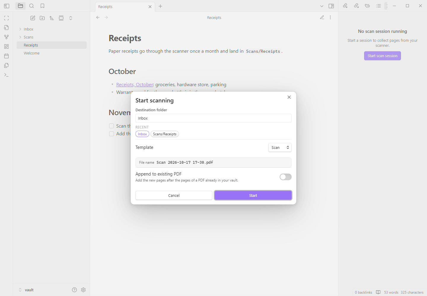 The Start scanning dialog with a destination folder, recent folders, a template dropdown, a live file name preview and the Append to existing PDF toggle.