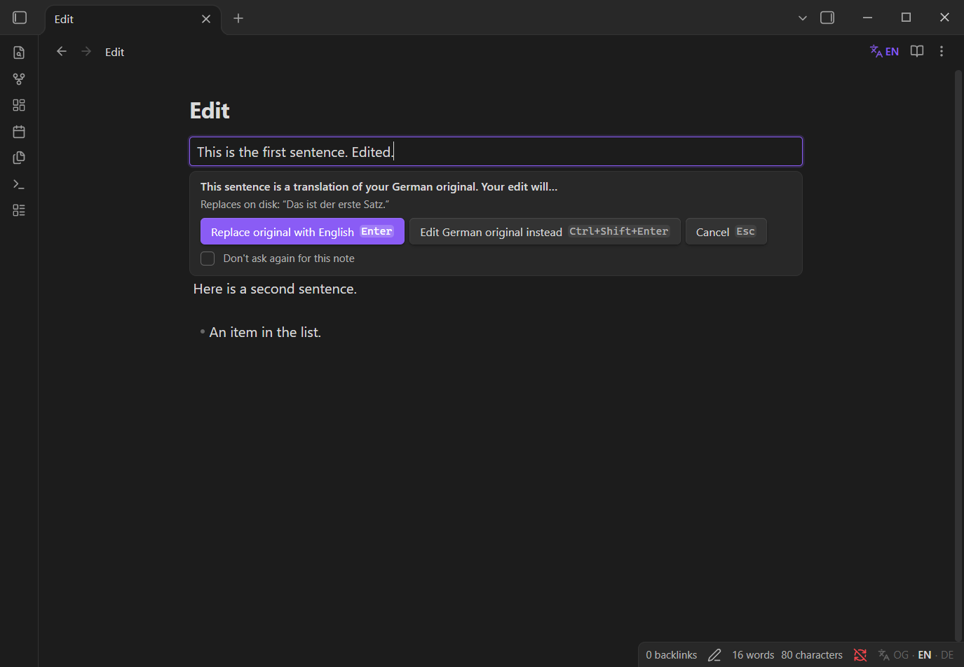 An inline editor over a translated sentence with the buttons "Replace original with English", "Edit German original instead" and "Cancel"