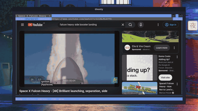 Termium in Ghostty: searching YouTube, watching SpaceX boosters land, following Vimium link hints on Hacker News, and the same Steam page in Ghostty, WezTerm, Kitty, foot, xterm and Alacritty