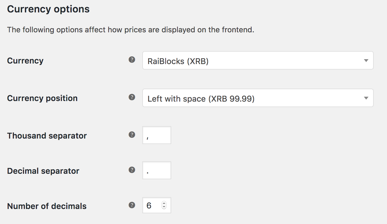 WooCommerce currency configuration for RaiBlocks (XRB)