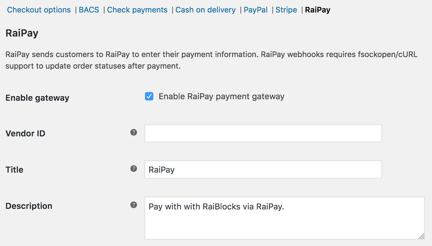 RaiPay configuration in WooCommerce checkout settings