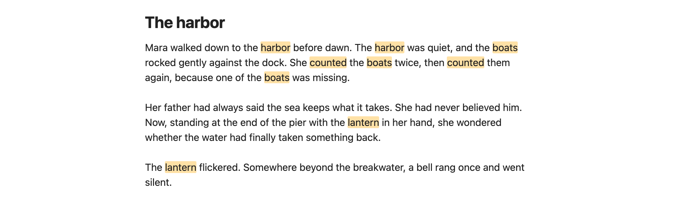 An English note with repeated words (harbor, boats, counted, lantern) highlighted