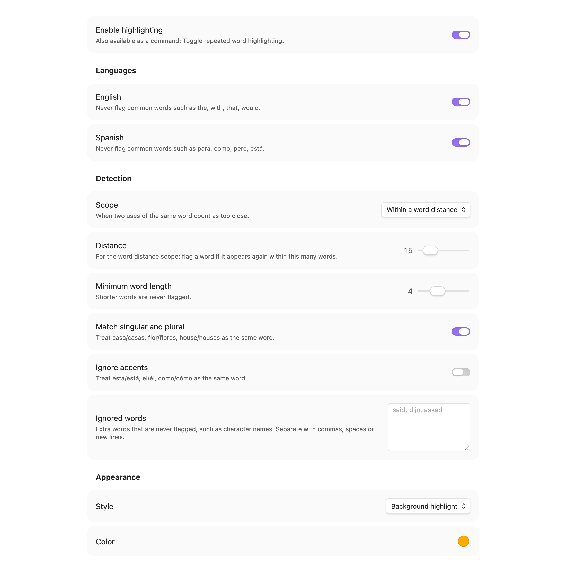 The Repeated Words settings tab