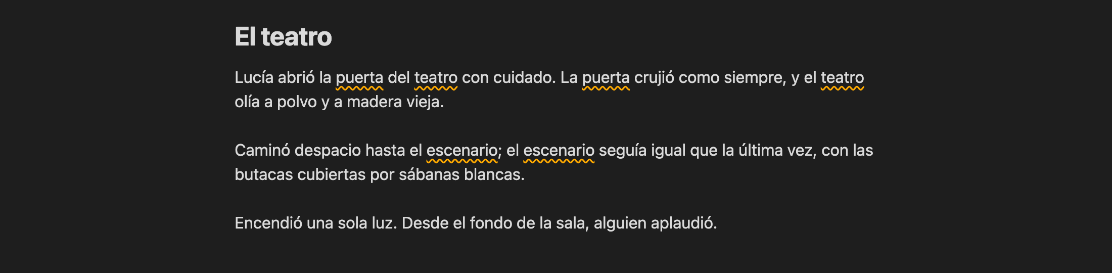 A Spanish note in dark mode with repeated words (puerta, teatro, escenario) underlined with a wavy line