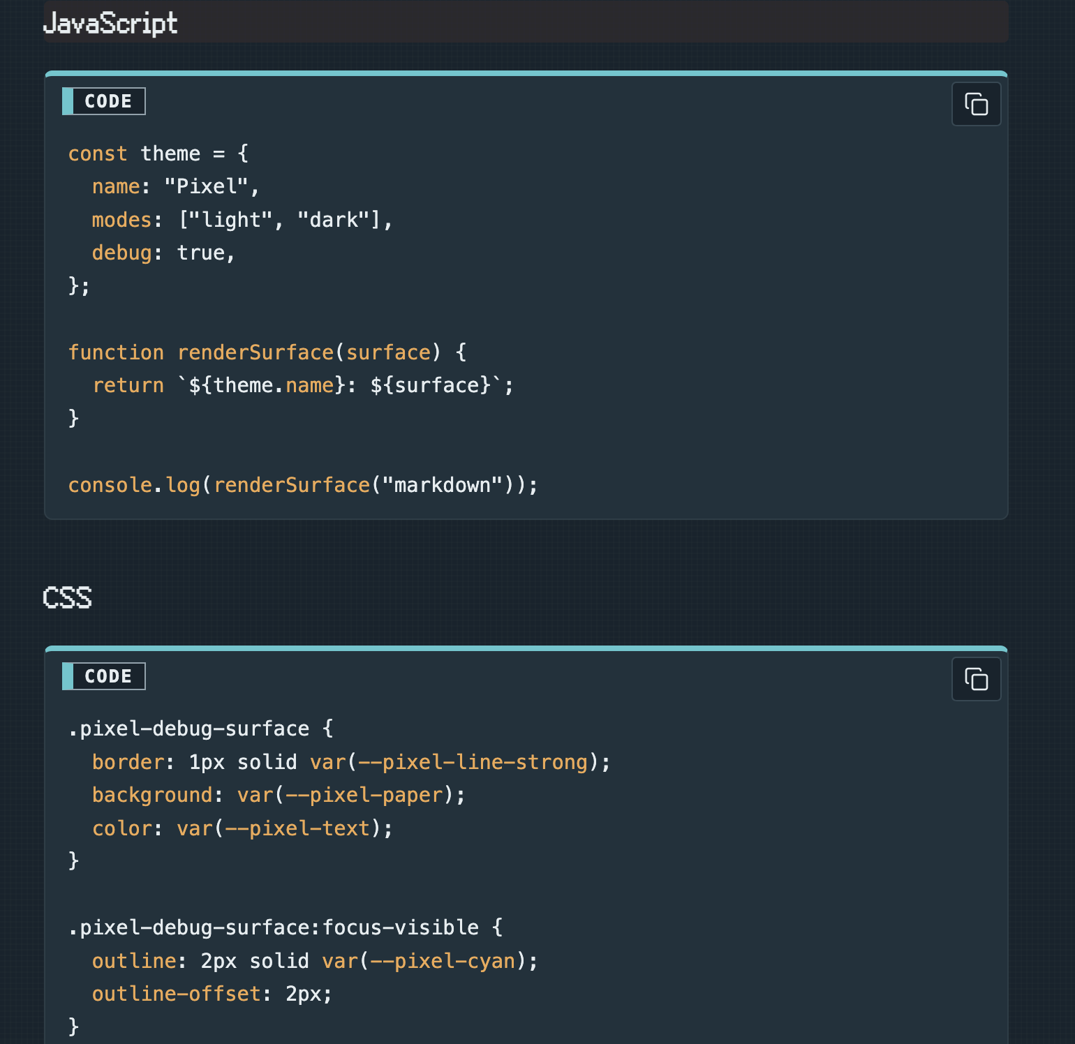 Code and syntax highlighting · dark