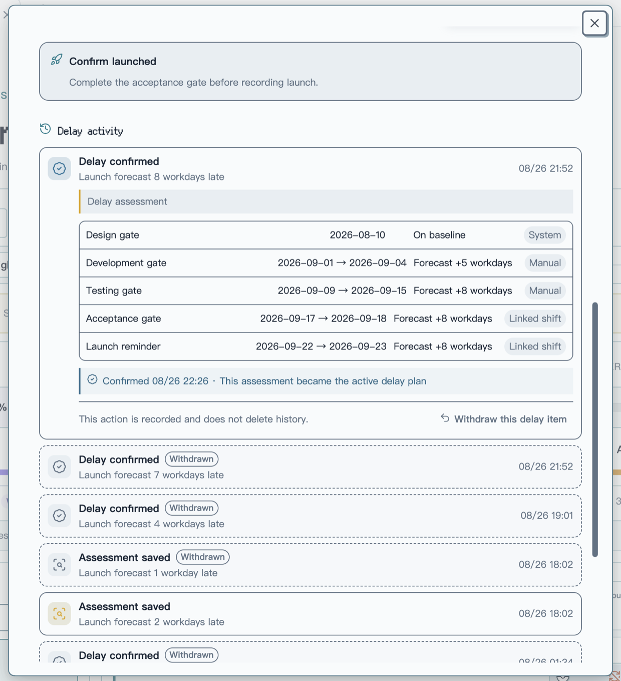 Focused PM Insights Delay activity section with the active confirmed delay expanded into stage changes and confirmation details, followed by compact withdrawn assessments