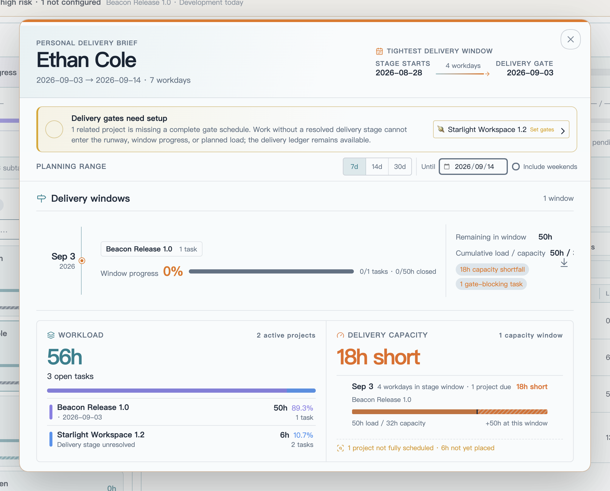 Personal delivery brief using fictional README data, with an explicit stage-start-to-delivery-gate route, delivery windows, project workload, and one capacity comparison