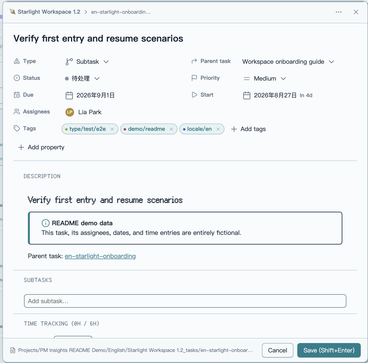 Focused Project Manager task editor opened from PM Insights, showing hierarchy, status, dates, assignee, stage tags, description, time tracking, and the source-file path