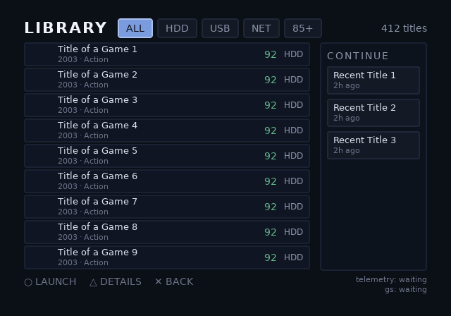 OPL-class library screen, dark theme
