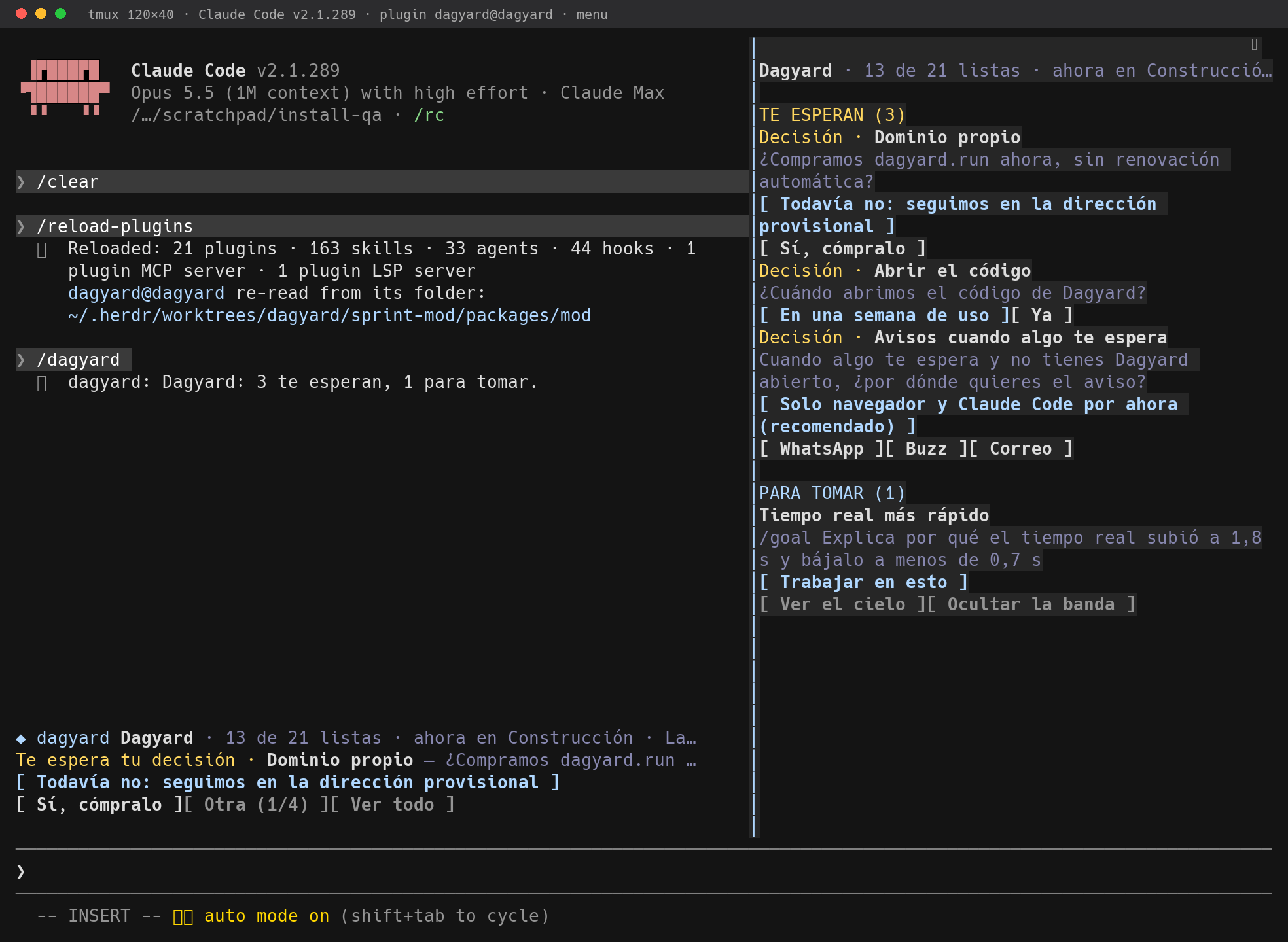El menú abierto con /dagyard en una terminal de 120 columnas
