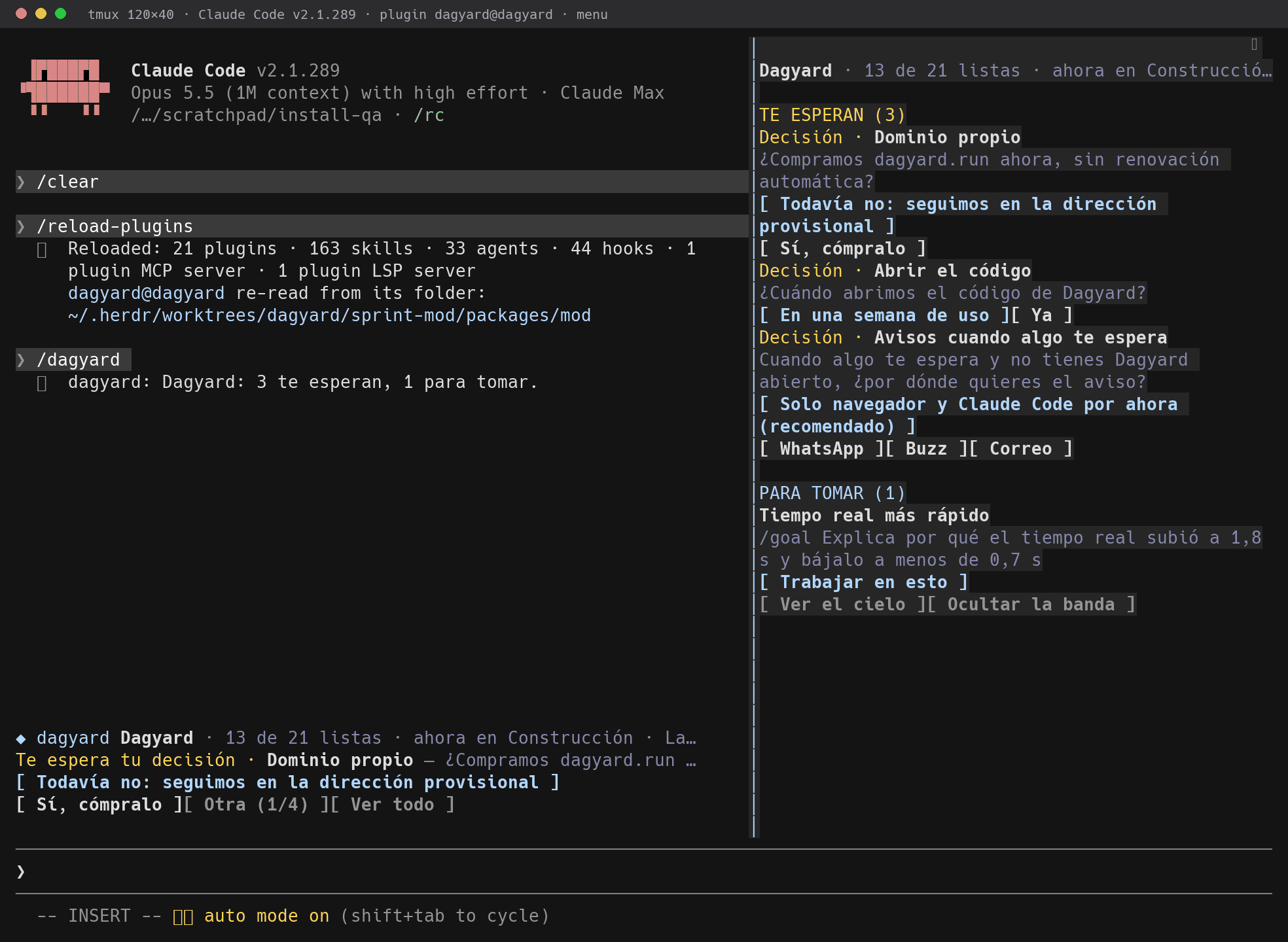 El menú abierto con /dagyard en una terminal de 120 columnas