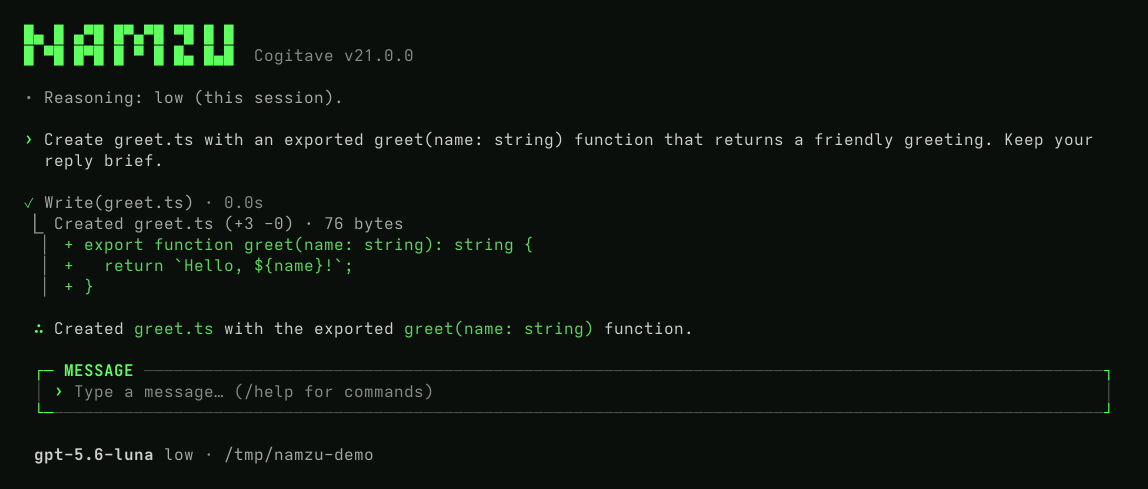 Namzu creates a TypeScript function and shows the added lines