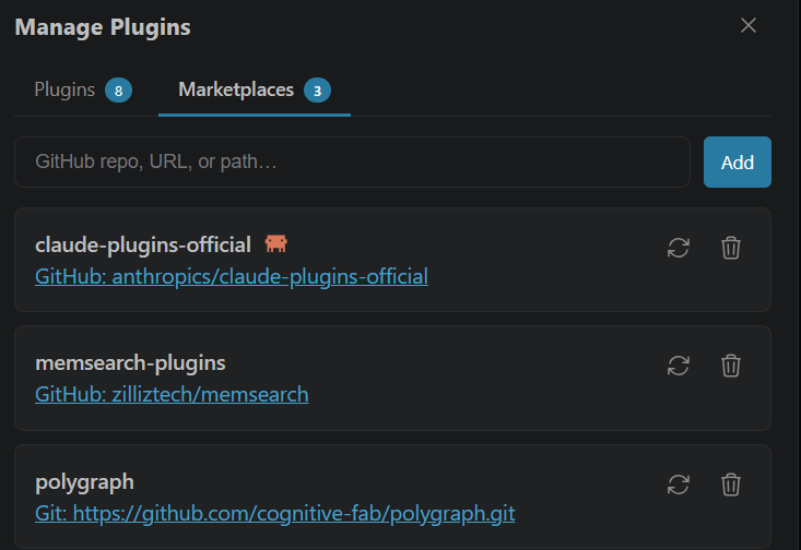 Marketplaces tab — paste the GitHub URL and Add