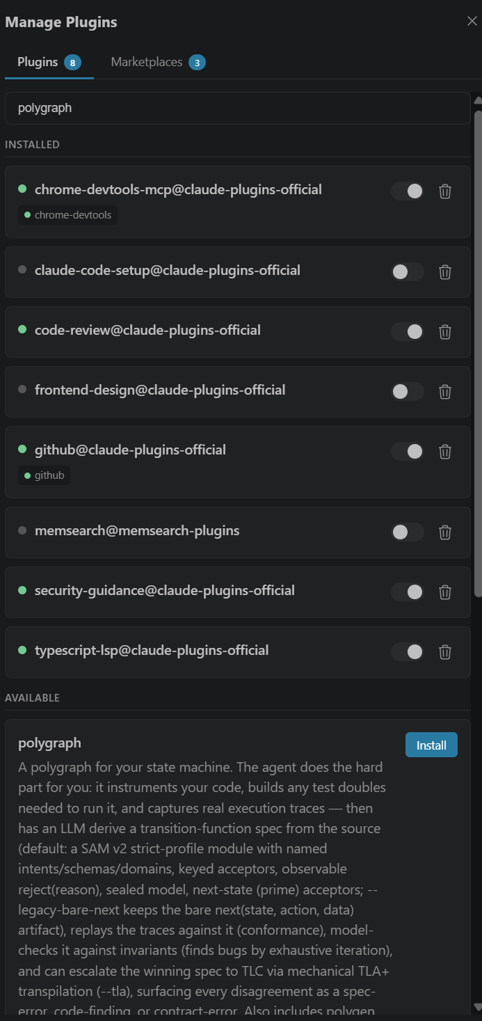 Plugins tab — polygraph under Available, ready to Install