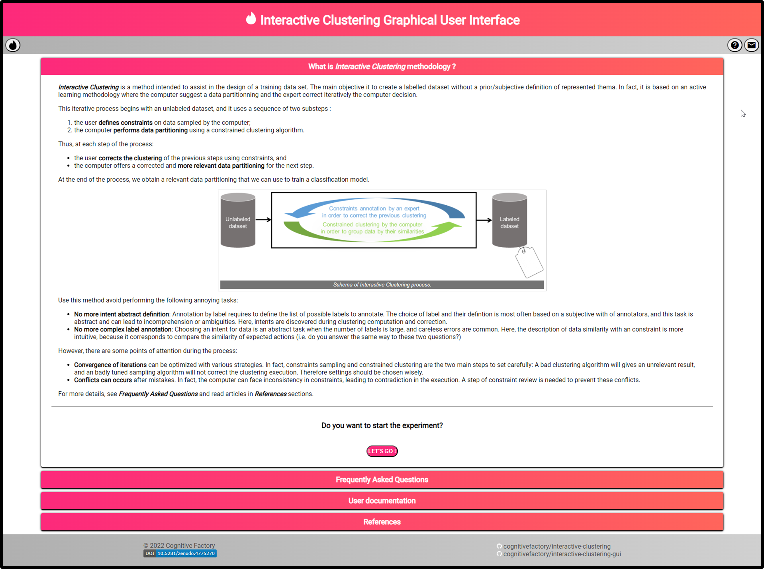 Welcome page of Interactive Clustering Web Application.