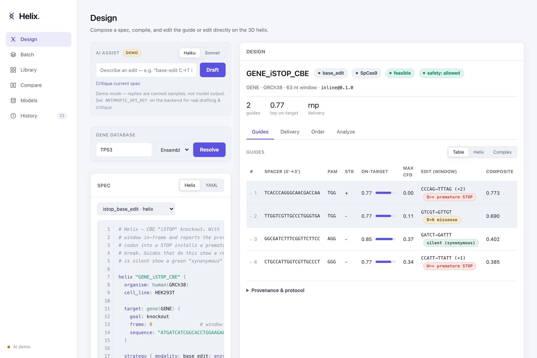Helix web UI — a syntax-highlighted spec editor on the left; on the right the compiled design with ranked guides and protein-consequence badges (premature-STOP, missense, silent).