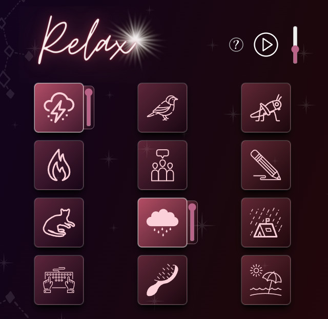 App screenshot showing a large glowing "Relax" title and many buttons representing each sound