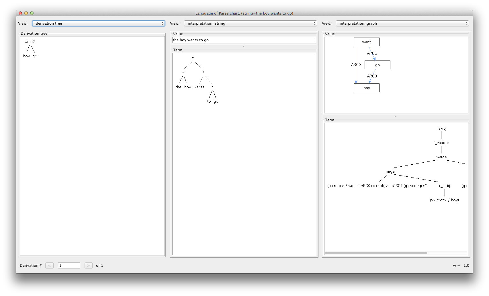 Screenshot of GUI showing parse trees