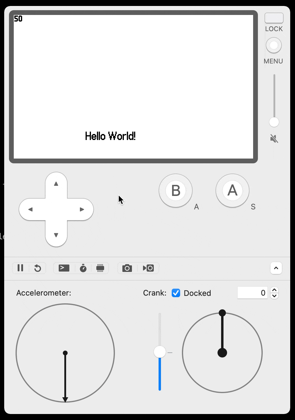 An animated gif of the Playdate Simulator running the hello world example