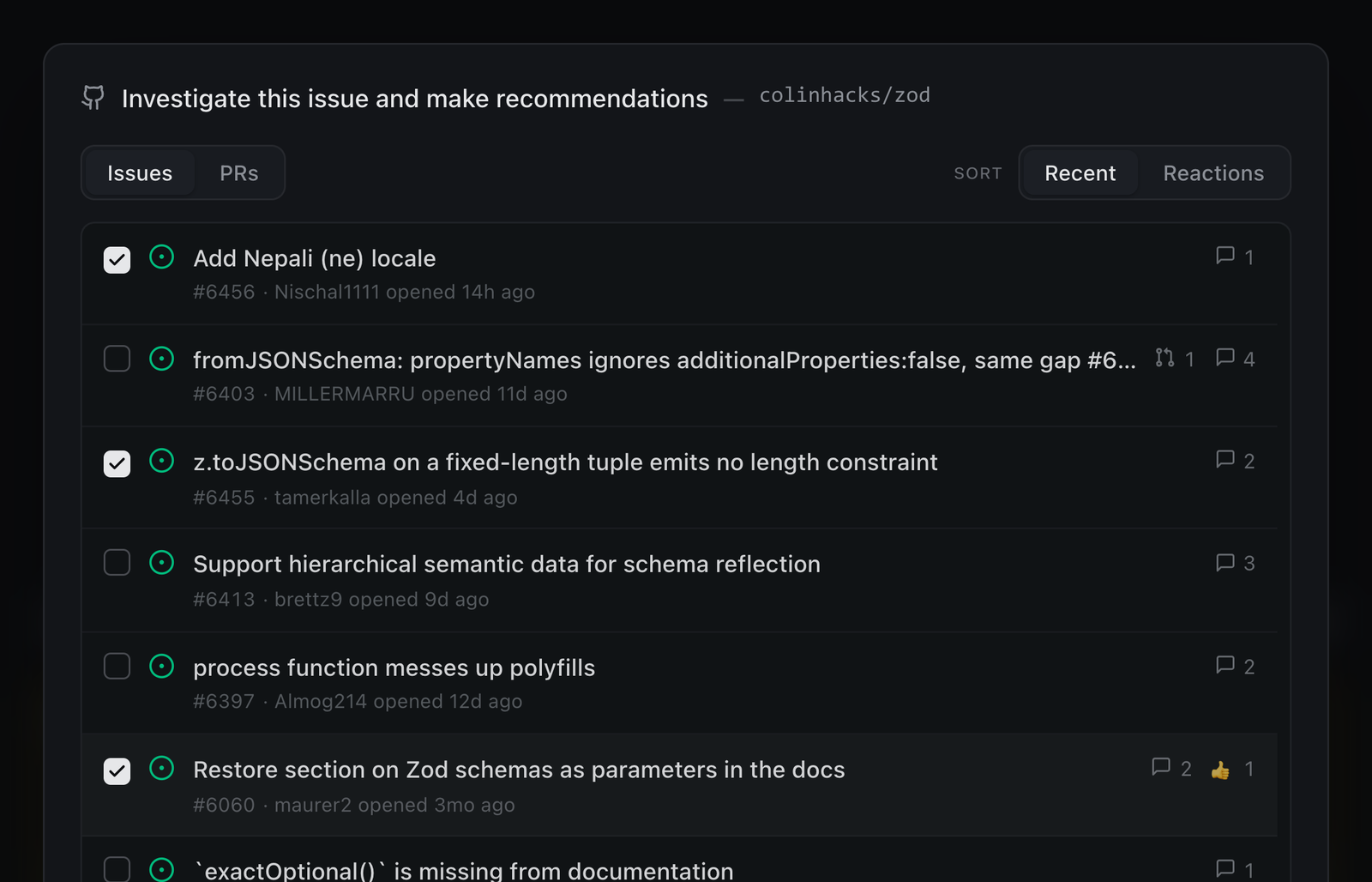The GitHub picker open over the composer, listing real open issues from colinhacks/zod with numbers, authors, and reaction counts; three are checked and a Start investigations button is enabled.