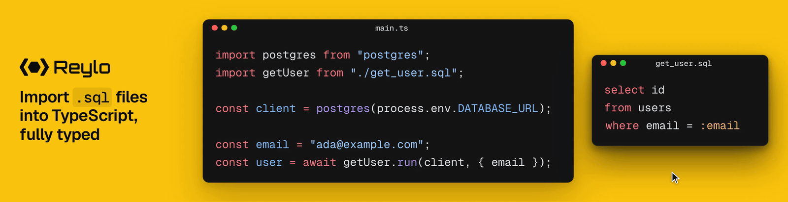 An editor: hovering a query's result shows its type, which follows the SQL as the SQL changes