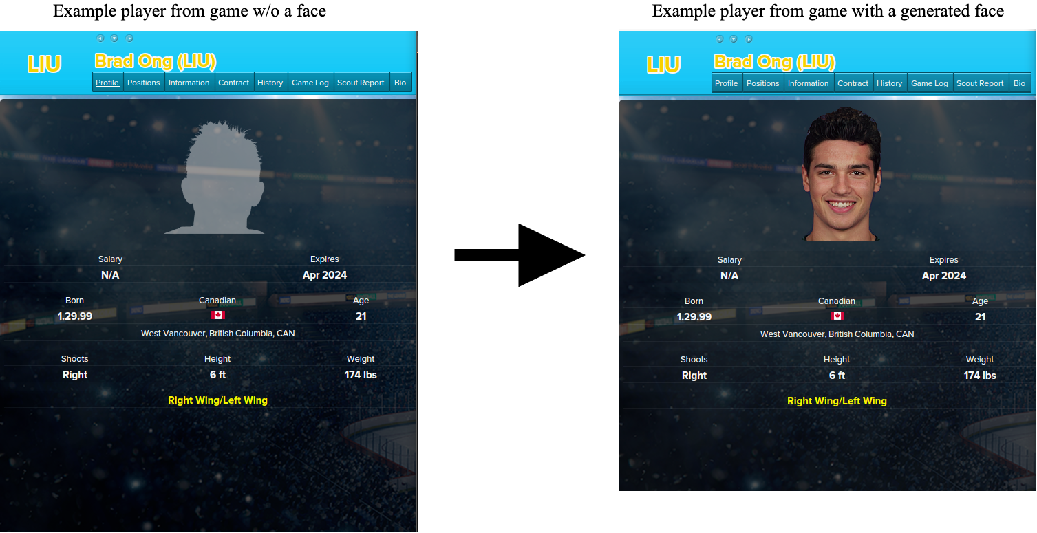 Image showing a player's profile without a face compared to one with a generated face.
