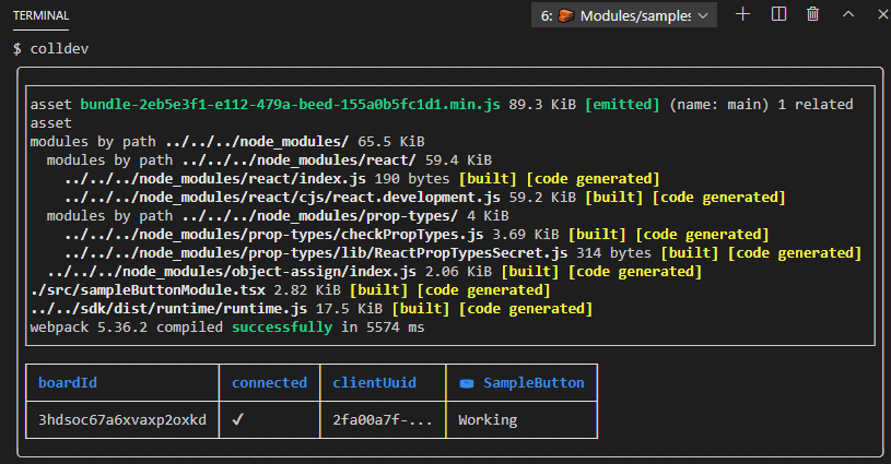 Colldev running in terminal