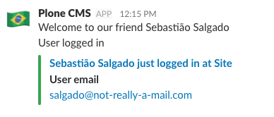 A Slack message posted by Plone, announcing that a user logged in