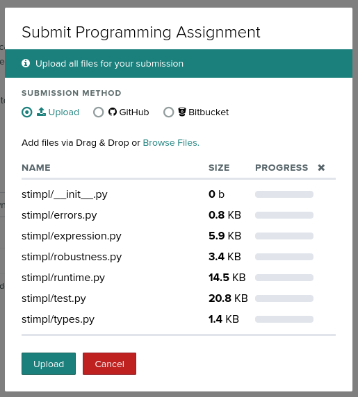 How your submission modal dialog box should look when you submit to Gradescope.