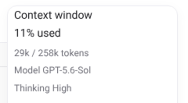 Context window tooltip with Model and Thinking rows