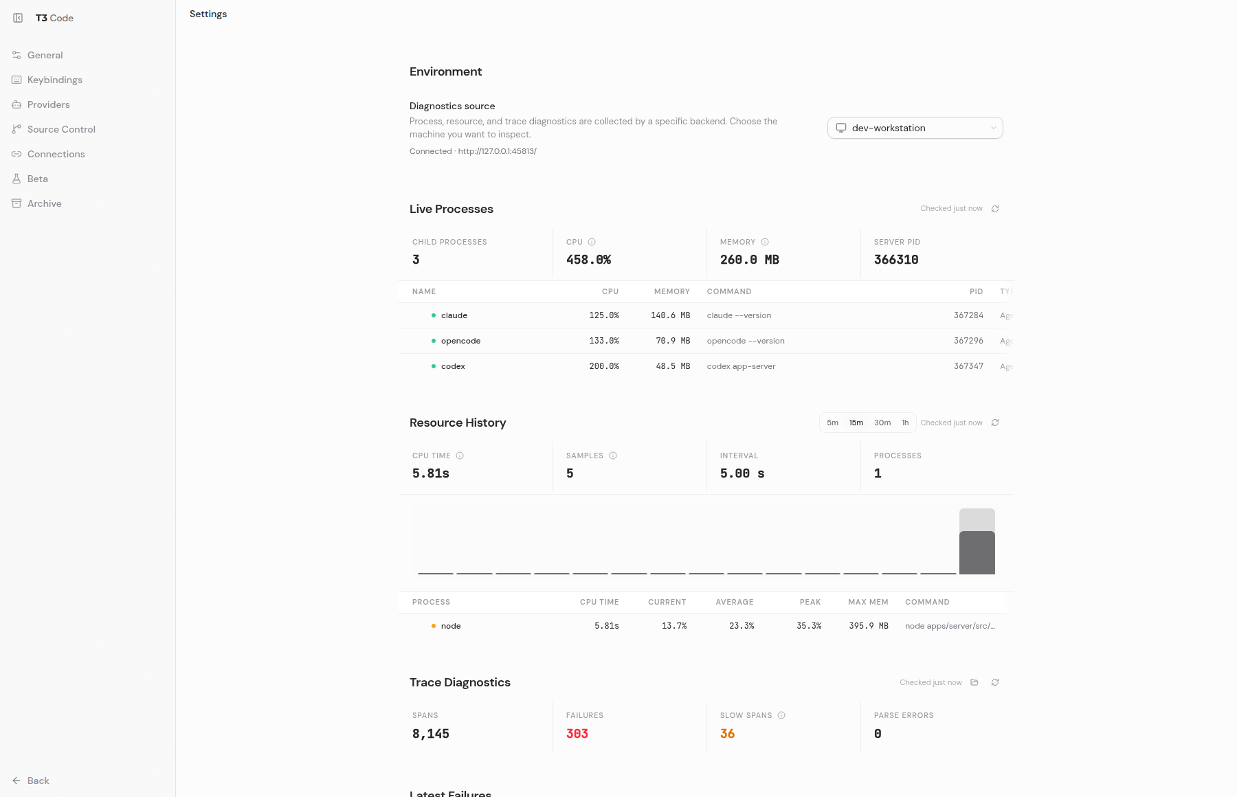 After: diagnostics page with the Diagnostics source row and live data