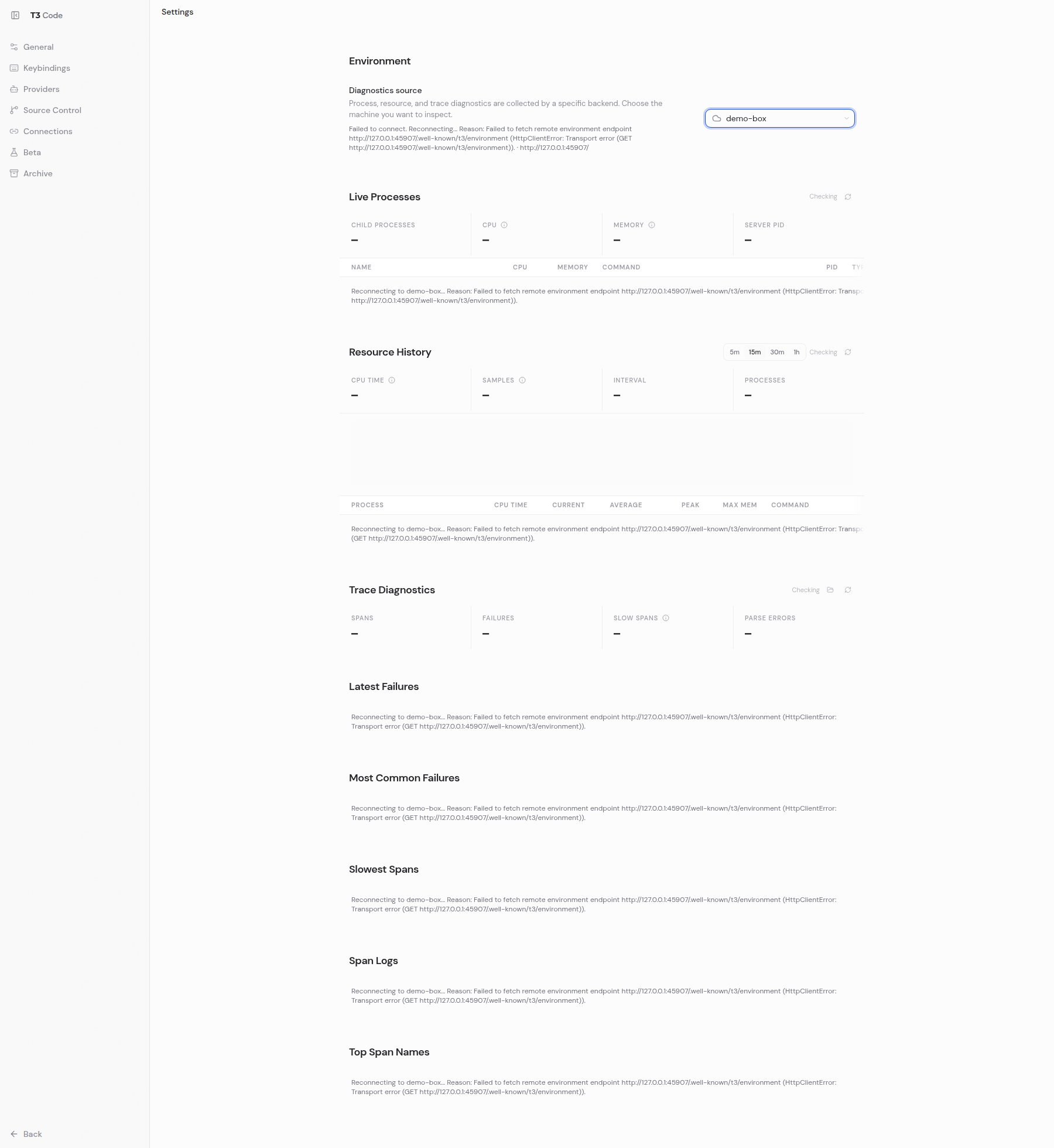 After: diagnostics for a disconnected environment explain the connection state
