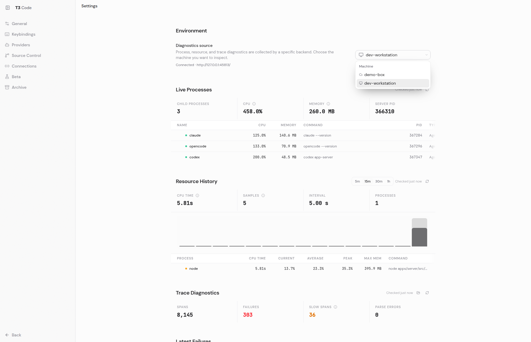 After: the environment picker open, listing both machines