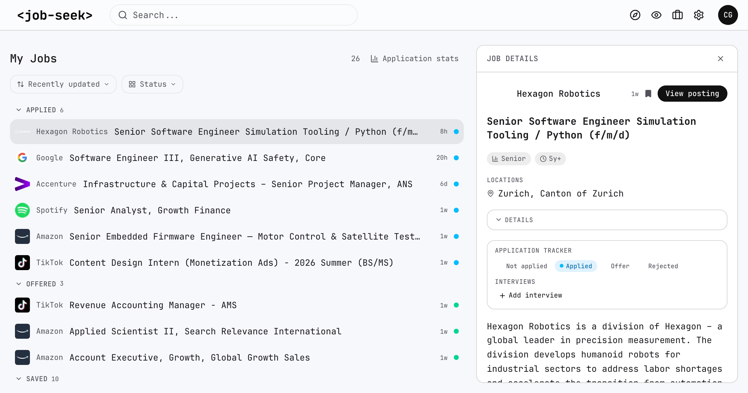 Application tracker showing saved jobs, applied roles, offers, and interview controls beside the job description