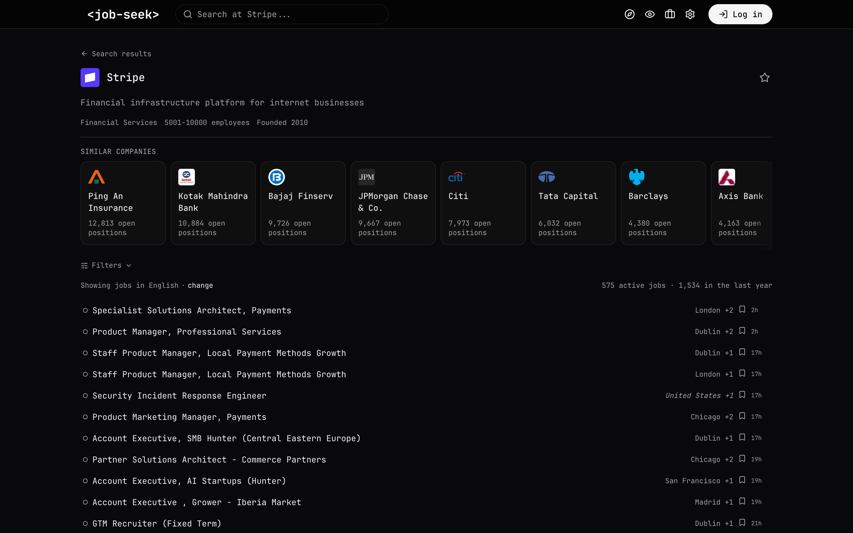 Stripe company page with hiring activity, company details, and open jobs