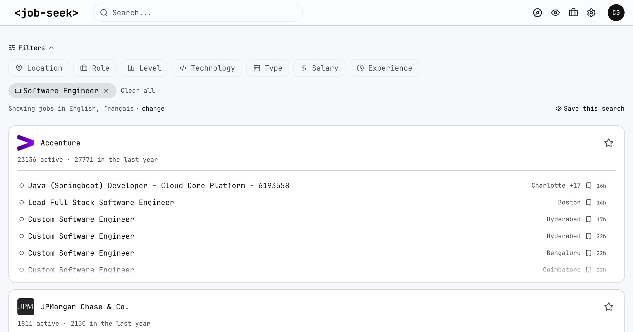 Job search with company results and filters for role, location, and work preferences