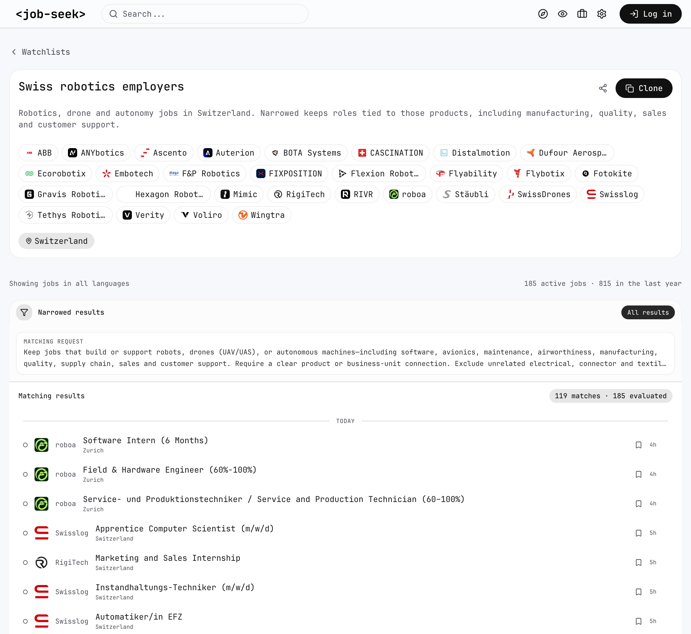 Narrowed results in a Swiss robotics watchlist, with the matching request and selected jobs