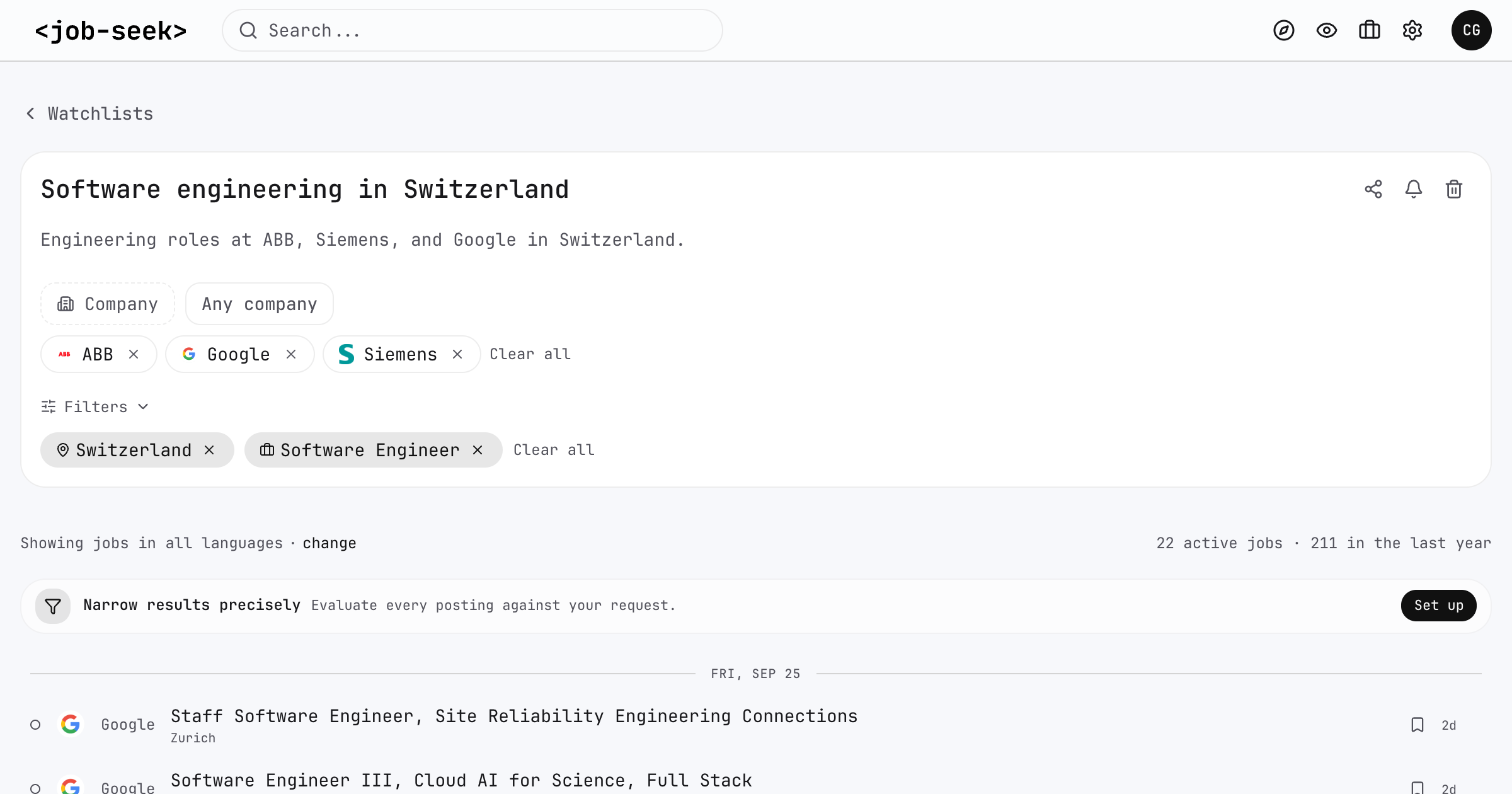 A watchlist following ABB, Google, and Siemens for software engineering jobs in Switzerland