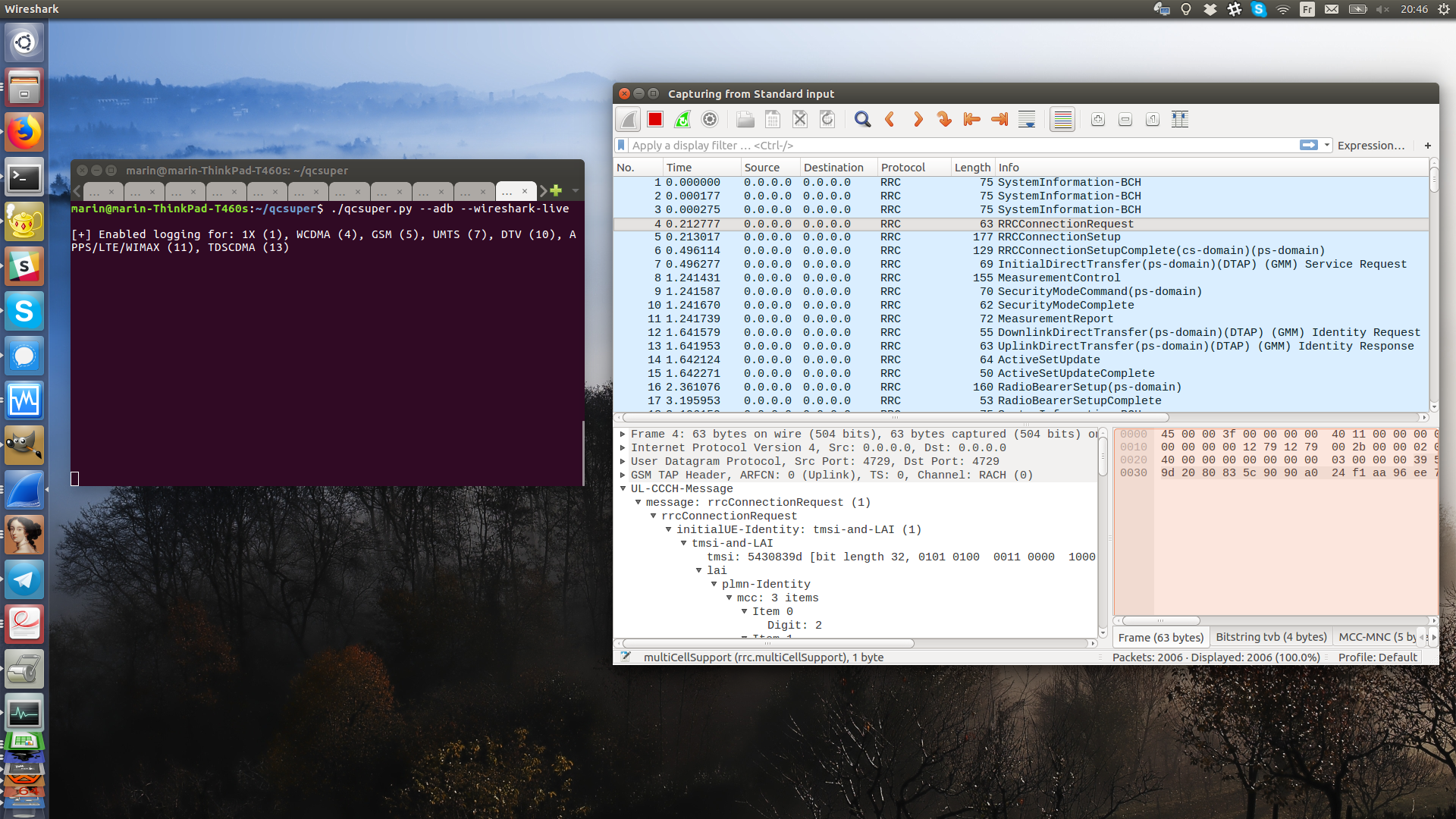 Screenshot of using QCSuper along with Wireshark
