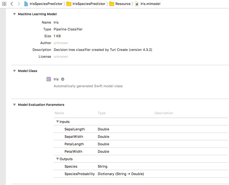 Xcode screenshot of a properly processed Core ML model