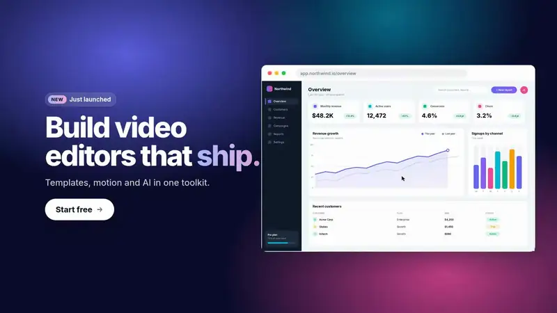 An editor built with Miraiclip: a template, designed text, live HTML code, music and themes — then export