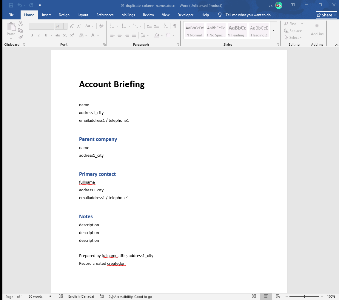A Dynamics 365 template open in Word