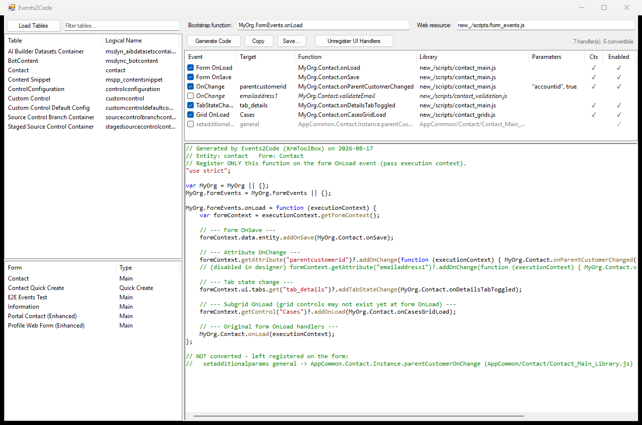 Events2Code showing a form's handlers and the generated bootstrap