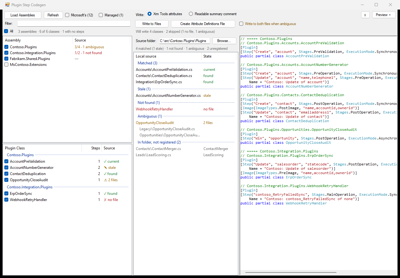 Plugin Documenter: assemblies and classes on the left, the attributes it would write on the right