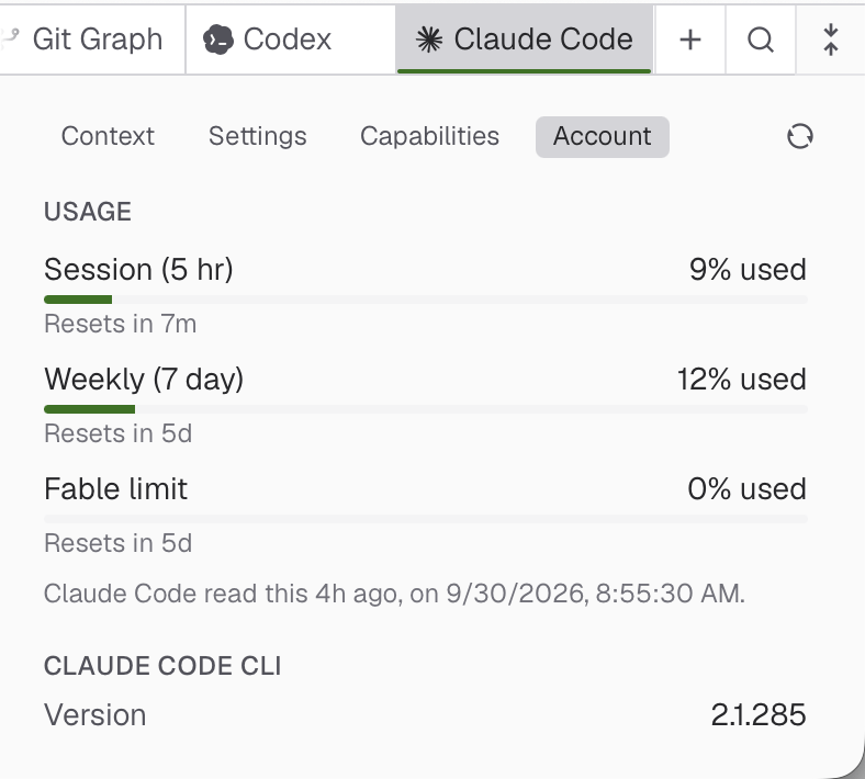Claude Code account tab with usage limits