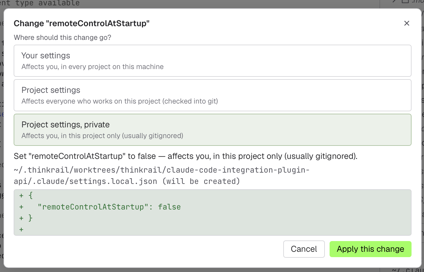 Choosing where a Claude Code setting change is written