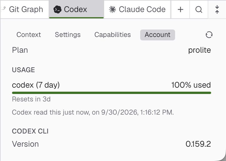 Codex account tab with plan and usage