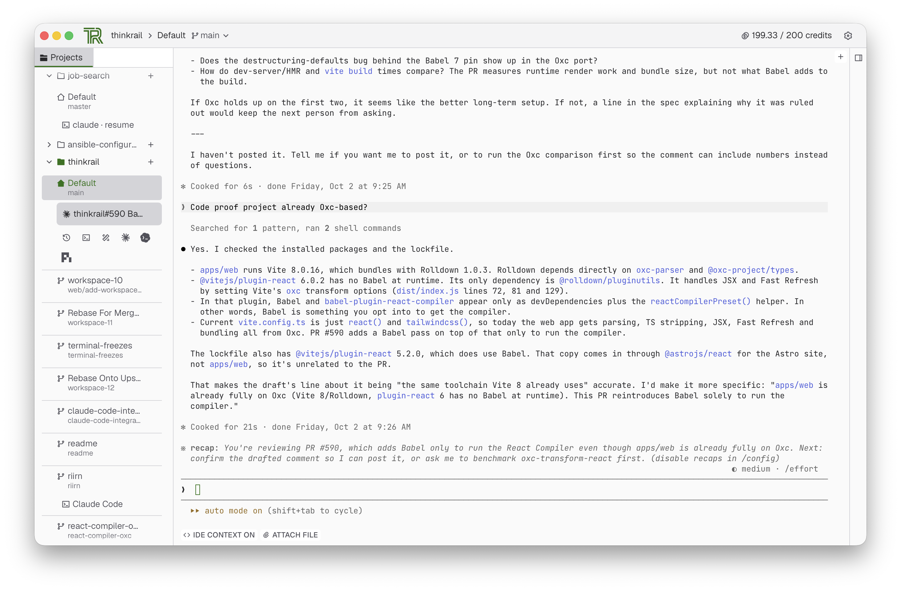 Claude Code running in the fork's terminal workbench, with projects and worktree workspaces in the left rail and IDE context and file attachment controls below the terminal