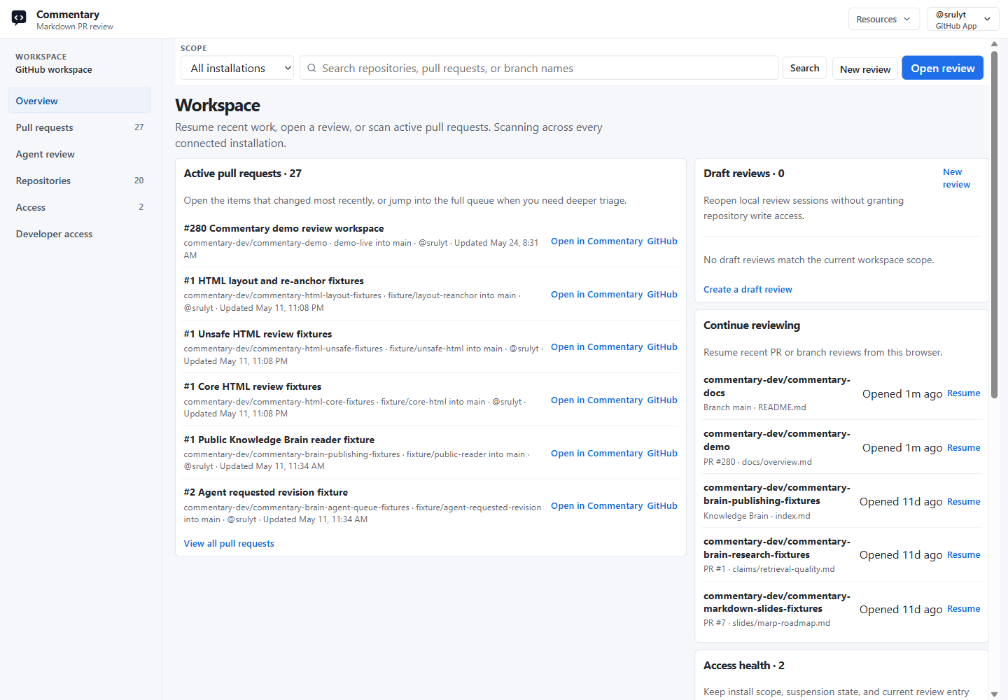 GitHub workspace overview