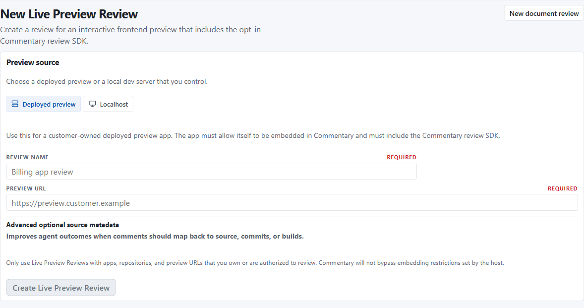 Live Preview Review create form